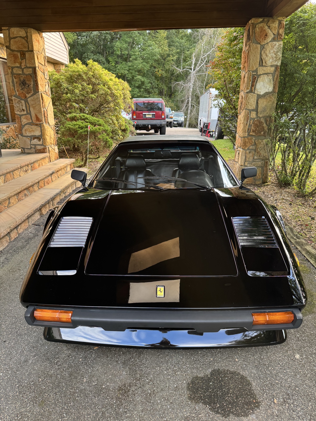 Front view of a black Ferrari 308 GTS after detailing