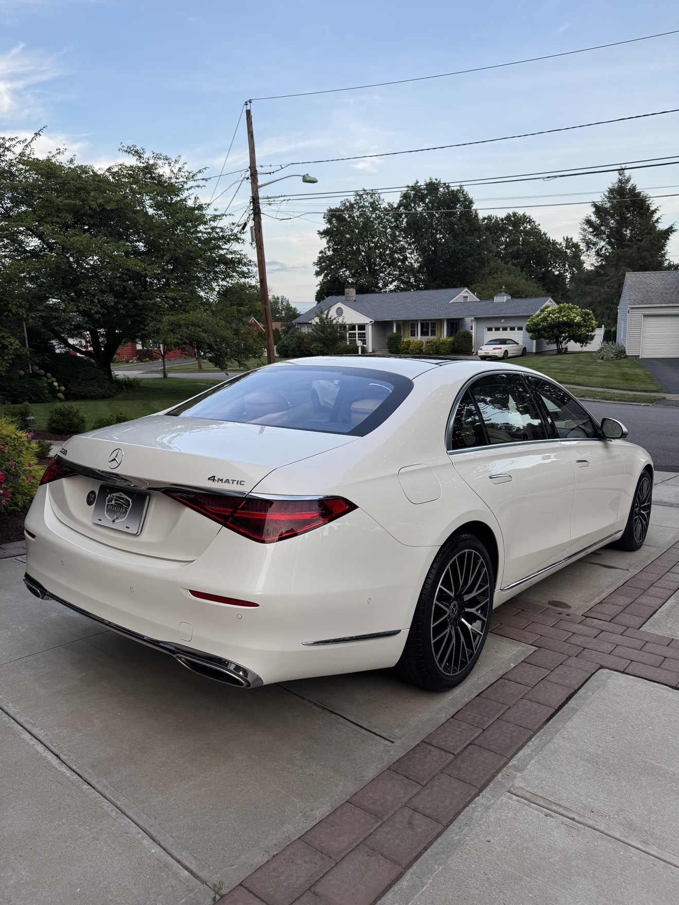 White Mercedes-Benz S580 rear angle view after detailing