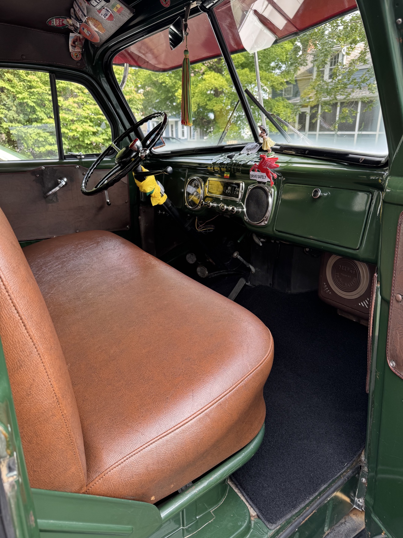 Dodge B-Series “Pilothouse” Pickup dashboard and brown bench seat after detailing