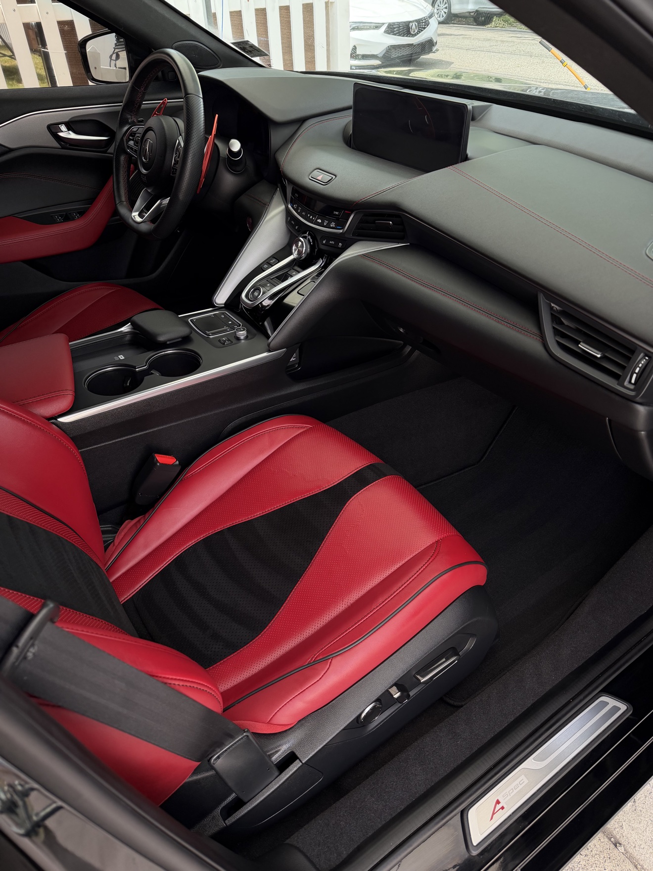 Acura TLX SH-AWD A-Spec passenger side cockpit with red and black leather interior