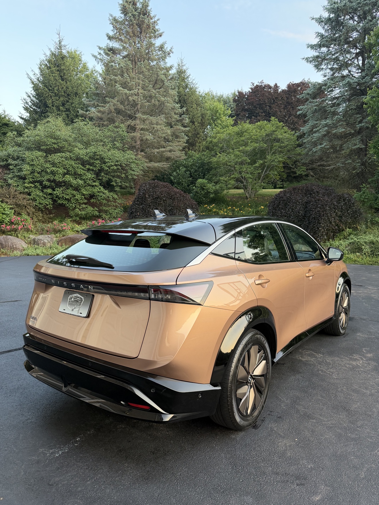 Copper Nissan Ariya rear angle view after detailing